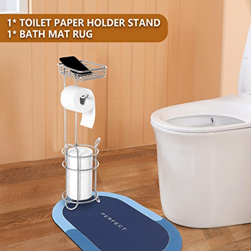 Toilet Paper Holder Stand Bathroom Toilet Paper Storage With Raised Base, Tissue Paper Roll Dispenser With Top Shelf (Silver) #TOP1