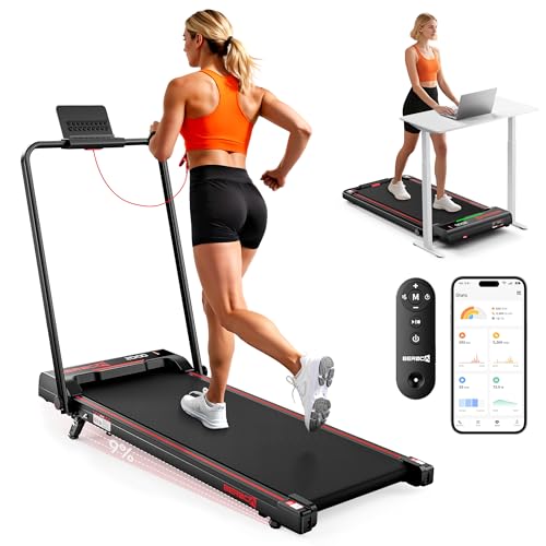 Beroca 3PS Klappbar Kleines Laufband für Zuhause mit 9% Steigung 1-10 KM/H Treadmill Walking Pad Leise Walk Pad mit Griff Max150KG Laufband Schreibtisch mit APP & Fernbedienung, LED-Anzeige (Rot‌)