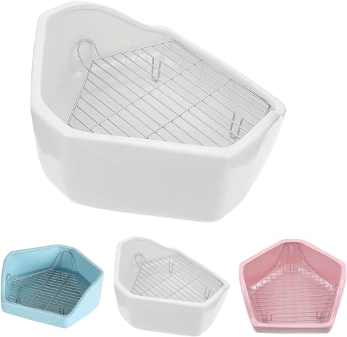 Coodusu うさぎトイレ 陶器製 三角型 大サイズ 小サイズ 金網スノコ付き ケージ角 モルモット チンチラ ハリネズミ 深型 尿飛散防止 丸洗い ペット用品 衛生管理(大きい,白い五角形)
