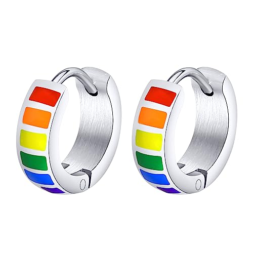 Nanafast Stainless Steel Rainbow Small Huggie Hoop Earrings LGBT Pride Earrings for Women Men Lesbian Bisexual Transgender Nonbinary Asexual Flag Earrings LGBTQ Pride Jewelry