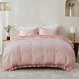 Simple&Opulence Kids 100% Organic Cotton Twin Duvet Cover Ruffle 2Pcs(1 Comforter Cover 1 Pillowcase) Cute Lace Vintage Boho Shabby Chic Farmhouse Bedding Set Teen Girls(Peach Pink,Twin)