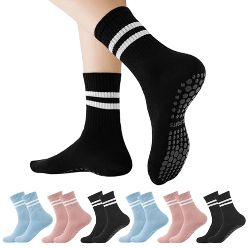 Qincycle Pilates Sock with Grips for Women, 6 Pairs Non Slip Yoga Socks, Athletic Crew Socks Ballet Barre Dance Workout Sock (Black/Blue/Pink)
