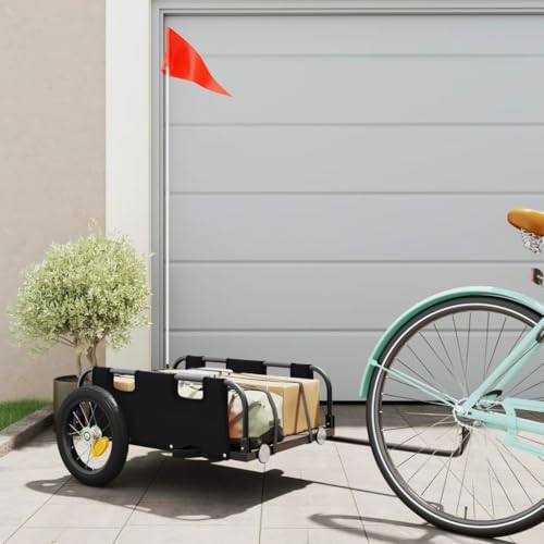 Fasba Fahrradanhänger, Anhänger für Fahrrad, Lastenanhänger mit Deichsel Sicherheitsflagge, Transportanhänger, Schwarz Oxford-Gewebe und Eisen