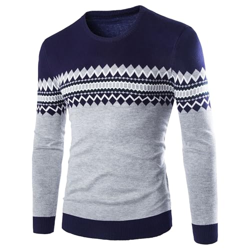 Men's Retro Argyle Casual Sweater Loose Crewneck Long Sleeve Pullover Spring Striped Knitted Sweaters