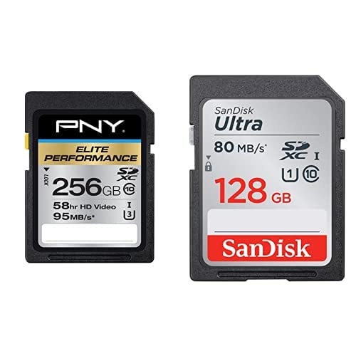 PNY 256GB Elite Performance Class 10 U3 SDXC Flash Memory Card & SanDisk Ultra 128GB SDXC UHS-I Memory Card up to 80MB/s (SDSDUNC-128G-GN6IN), Black