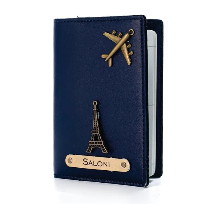 Image of Personalized Passport Cover with Name & Charm, Tan Travel Passport Holder for Men & Women, Premium Leatherette Case for Documents & Cards (Navy Blue)
