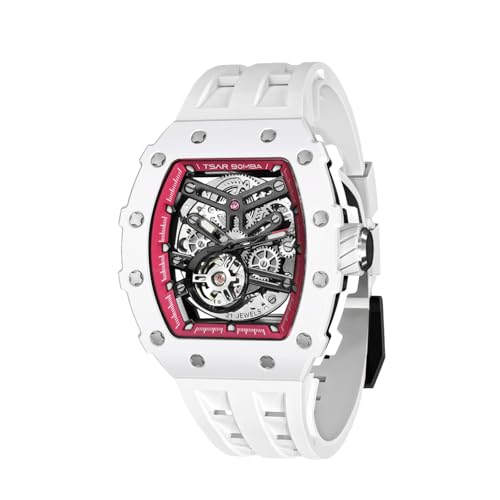 Image of TSAR BOMBA Men's Automatic Watch Tonneau Luxury Skeleton Watches for Men Mechanical 50M Waterproof Analogue Watches Mens Unique Cool Square Big Face Dial Wristwatch with Silicone Strap Band