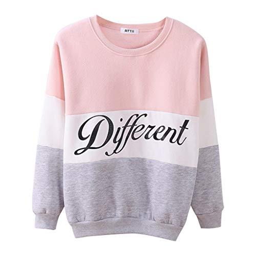 Women Triple Color Block Long Sleeve Sweatshirt Tops Diffrent Letter Printed Scoopneck Pullover Jumper Tops uBabamama(Pink,S)
