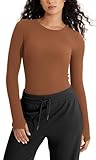 ODODOS Seamless Long Sleeve Tops with Thumb Hole for Women Crew Neck Ribbed Tee Workout Yoga Shirts, Clay, Medium