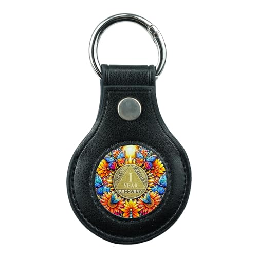 IELCJJ Premium Leather Coin Holder - Handmade Sobriety AA Coins Chip Keychain - Displays Both Sides of Sober Token Medallion Pet Challenge Coin - Black Waterproof Scratchproof Soft PVC Key Ring