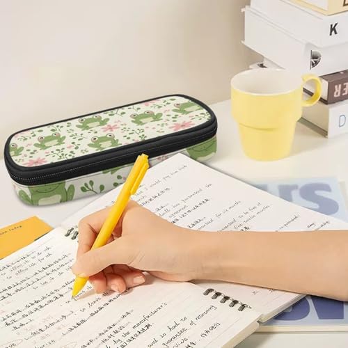Image of Cute Frog Pencil Box for Girls Floral Pen Pouch Bag with Slots Large Capacity Pencil Case with Zipper Lightweight Pen Box Stationery Bags