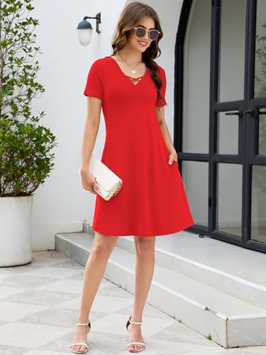 Image of KORSIS Women's Dresses Summer Casual T-Shirt Short Sleeve Criss Cross V Neck Swing Beach Vacation Sundress Dress with Pockets