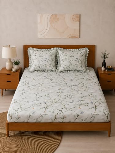 Image of 350 TC Premium Heavy Cotton Feel Elastic Fitted Bedsheet King Size with 2 Frill Pillow Covers King Size || Double Bed with All Around Elastic (Gray&Green, Double)