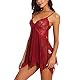 ONGASOFT Dessous Damen Sexy Unterwäsche Öffnen Zurück Sleepwear Tiefer V-Ausschnitt Mit Tanga Spitze Babydoll Negligees Kleid, Rot