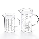 Lot de 2 verres doseurs en verre transparent de 500 ml + 1 l, avec bec verseur et poignée, 3 échelles de mesure (Ml/Oz/tasses), pichet doseur pour la cuisson et la cuisson, graduation précise, passe