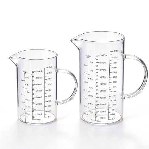 2 Stück Messbecher Set Glas 500ml + 1L, Transparent Messbecher Glas mit Ausguss und Griff, 3...