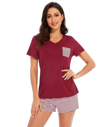 Image of WiWi Womens Pajamas Set Bamboo Viscose Super Soft Short Sleeve Top Ruffle Shorts Sleepwear Cooling Pj Sets S-XXL