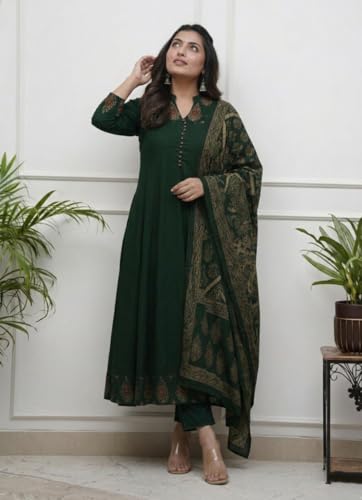 Image of GoSriKi Women's Rayon Viscose Anarkali Printed Kurta Pant with Dupatta | Anarkali Kurta Set for Women | Flared Kurti Pant Set | Ethnic Printed Suit for Women