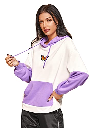 Double Crazy Women s Color Block Kangaroo Pockets Butterfly Embroidery Drawstring Hoodie Sweatshirt White XL
