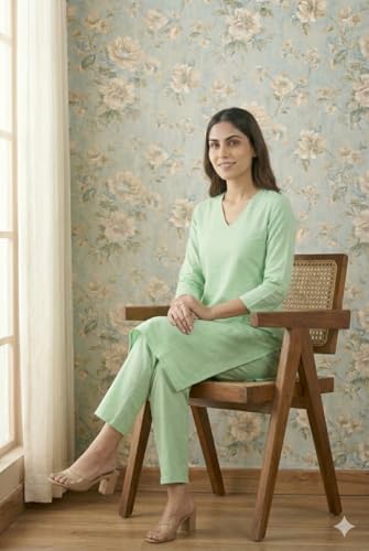 Image of JAIPUR HAND BLOCK Women's Cotton plain Straight Salwar Suit | V-Neck | 3 /4th Sleeve | Regular Fit | Daily, Office & Ethnic Wear(ST00125-V-NEW)