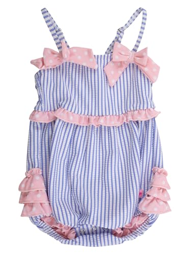 Image of RuffleButts Baby Girls UPF50+ Seersucker One Piece Bow Bubble Romper Swimsuit