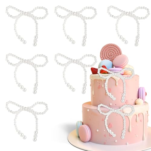 16 Pcs Pearl Bow Cake Topper Bow Dots White Bowknot Christmas Tree Topper Shiny Christmas Tree Decorations for Weddings Birthday Valentines Day and Party Supplies