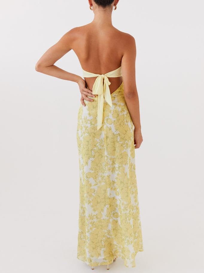 Image of Women Y2k Strapless Maxi Dress Floral Print Tube Long Dress Boho Beach Sundress Going Out Streetwear