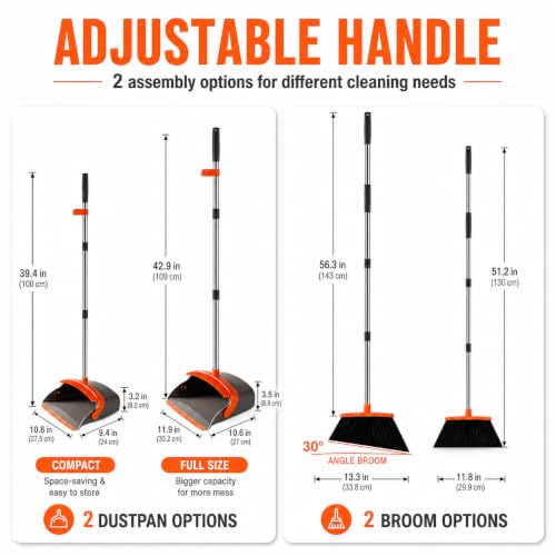 Image of Broom and Dustpan Set, Upgraded Broom with Dustpan Combo Set with 56 inch Tall Adjustable Handle, Self-Cleaning Teeth, Upright Standing Dust Pan for Heavy Duty Indoor Outdoor Cleaning and Pet Hair