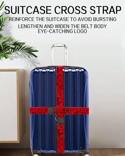 Image of Luggage Straps for Suitcases, Adjustable Travel Belt, Durable Wide Luggage Strap, Cute Suitcase Strap Identifiers with Buckle, Bag Straps for Luggage, Red Beautiful Roses