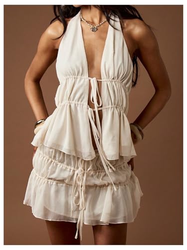 SHENHE Women's Y2k Boho Western Chiffon Halter Top Backless Tie Front Ruffle Peplum Flowy Tank4