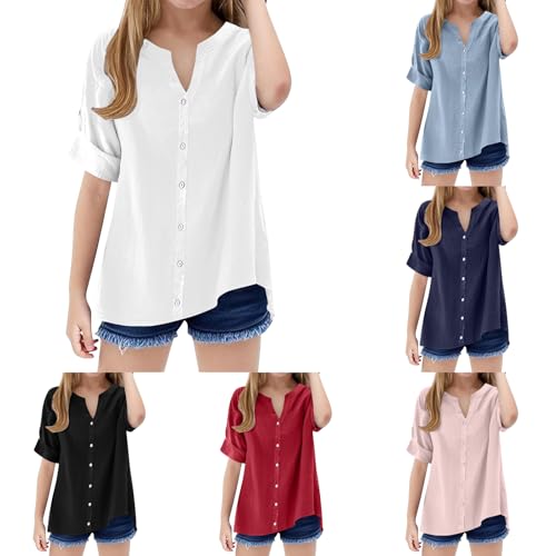 Linen Button Down Shirt Girls Short Sleeve Cotton Blouses V Neck Collared Summer Beach Solid Short Sleeve Tops