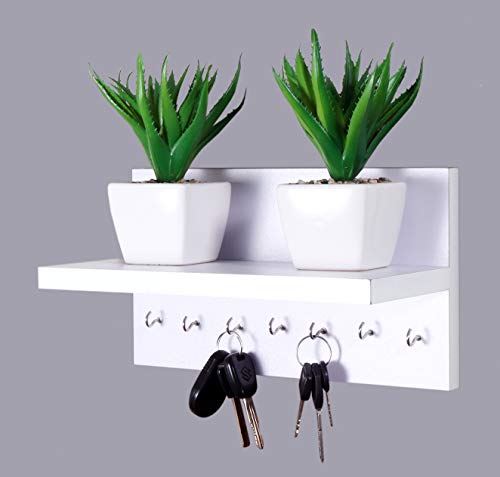 Image of Captiver Engineered Wood Wall Mounted Key Holder with Storage Shelf (7 Hooks, White) Decor Items Display Keychain Hanging Office Organizer