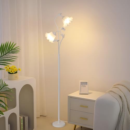 Image of HMVPL White Flower Standing Lamp, Floral Tall Lamp with 2 LED 5W Blubs, Foot Switch, Modern Corner Floor Lamp with Acrylic Shade, Antique Lotus Flower Floor Lamp for Living Room Office Reading