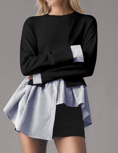 MISSACTIVER Women Slit Crew Neck Patchwork Sweater Asymmetrical Hem Shirt Top 2 in 1 Buttons Down Pullover Knit Sweater2