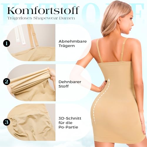 Kitfore Strapless Miederkleid Damen mit Abnehmbaren Trägern Bauchweg Shapewear Kleid Nahtlose Figurformende Unterkleid Trägerloser Full Slips Dress