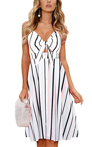 Image of ECOWISH Women 2026 Summer Dresses Tie Front V-Neck Spaghetti Strap Button Down A-Line Backless Swing Midi Dress