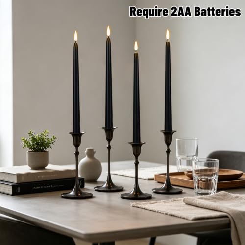 Image of Wondise Halloween Black Flameless Taper Candles with 2 Remote & Timer | Waxy 10 Pack Candles Battery Operated LED Candles with 3D Wick Flickering for Halloween Table Decorations