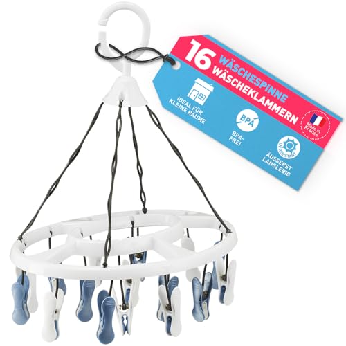 culiclean Wäschespinne Camping klein mini faltbar Wäscheständer klein Sockenspinne Sockentrockner mit Wäscheklammern Hängetrockner für Balkon Reise platzsparend weiß mit blau weiß