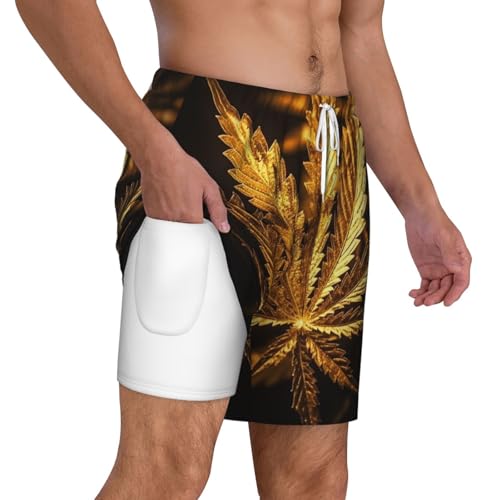 Men's Swim Trunks Quick Dry Board Shorts Golden Cannabis Beach Shorts with Pocket Bathing Suits for Men2