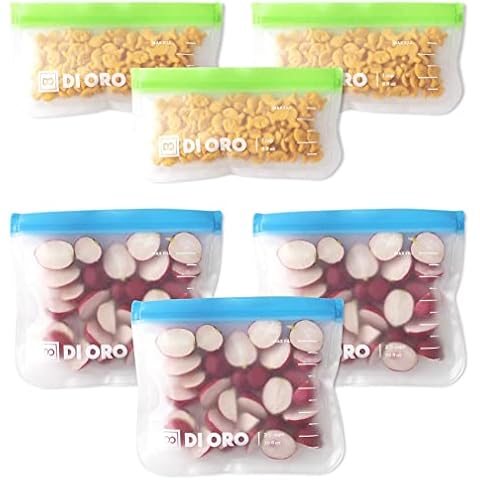 DI ORO® - Reusable Snack Bags - 100% Food Safe BPA Free Freezer Safe Bags - 3 Sandwich & 3 Small Bags - Thick, Leakproof, and Washable - Easy Ziplock Reusable Sealing System Cover