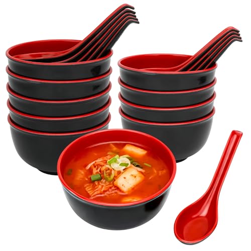 SIBAO 10 Pack Japanese Soup Bowls with Spoon, 5 inch Melamine Noodle Soup Bowls,Unbreakable Design,Dishwasher Safe,Miso Cereal Bowls for Soba,Rice,Pho,and Ramen