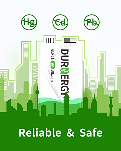 DURNERGY 9V Batteries, 9 Volt Batteries 8 Pack,10-Year Shelf Life, 9V Batteries for Smoke Alarms, Guitar Pedals, Microphone, Smoke Detector Battery, Square Batteries 6LR61 9V Alkaline Batteries