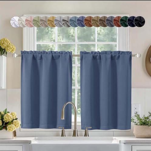 Image of Aiyufeng Denim Blue Short 36 Inches Blackout Curtain 2 Panels Set, Half Window Rod Pocket Privacy Curtain Tiers for Kitchen, Curtains Blackout for Bathroom Shades, W40 x L36 Inch, Denim Blue