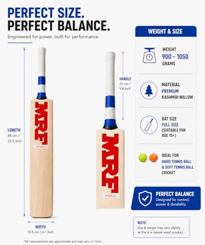 Image of Full Size Kashmiri Willow Cricket Bat SH | Thick Edge Power Hitting | Hard Pressed Blade | Suitable for Hard & Soft Tennis Ball | Free Cover(NOT for Leather Ball)