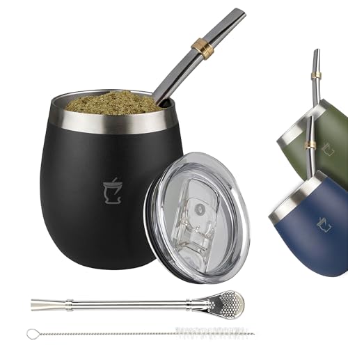 BARGRIN Kit Mate Argentino Completo - Incluye Bombillas Para Mate - Capacidad 8oz - Dos Bombillas de Acero y Cepillo para Limpieza (Negro)