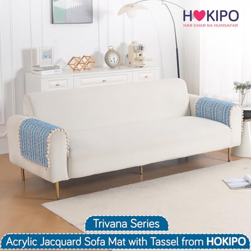 Image of HOKIPO Sofa Arm Cover with Tassel | 300 GSM Thick Cotton Acrylic Jacquard Armrest Mat, 50x70 cm, Pack of 2,'Trivana Series' Aqua Blue (IN-931-J7*2)