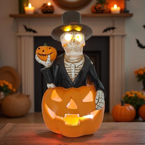 Image of Solar Outdoor Decorations Wizard Skeleton with Pumpkin Figurine Lights, Fall Pumpkin Garden Decor for Yard Patio Porch, LED Skull Gothic Party Accessories, Home Gift for Mardi Gras Shrove Tuesday