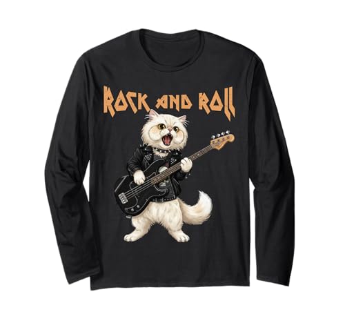 Vintage Rock Guitarist Cat Rock And Roll Guitar Rocker Maglia a Manica