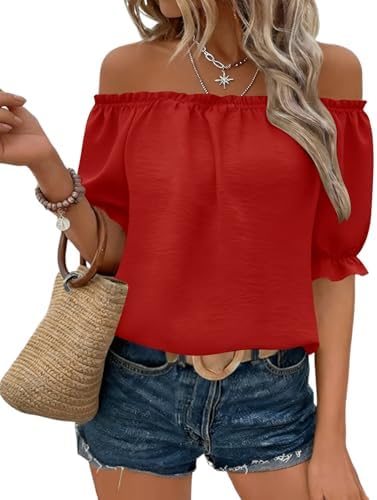 Kistore Womens Tops Short Sleeve Cotton Shirts Off The Shoulder T...
