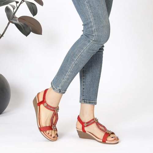 Image of Wedge Sandals for Women Dressy, Woman's Sandal Comfortable Low Wedges Heels Ankle Elastic Strap Sandles with Flower Rhinestones